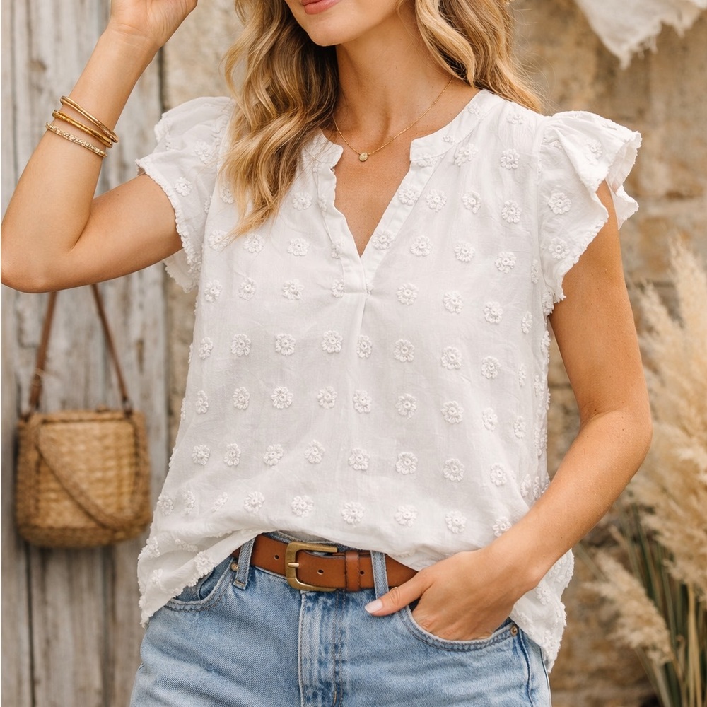 Airy Swiss Dot Flutter Sleeve Blouse White Boho Cottagecore Top L